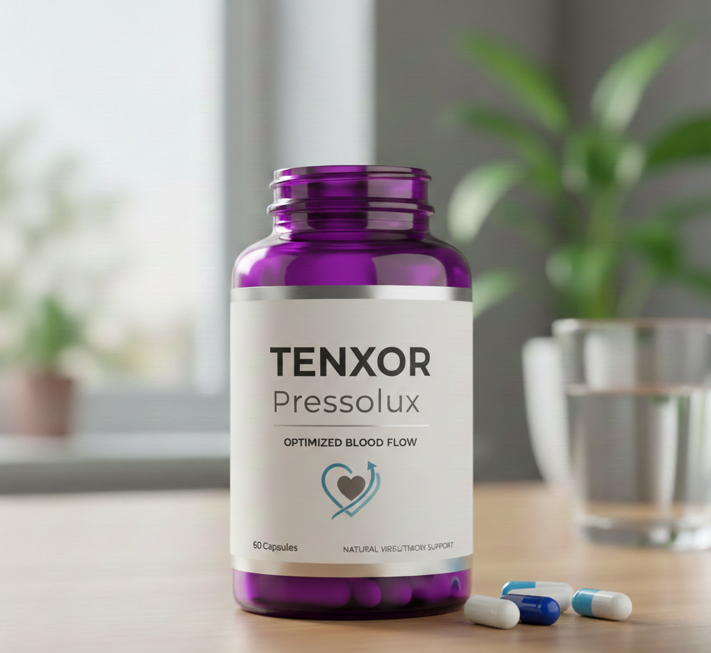 Pressolux - přírodní doplněk stravy v elegantním bílém obalu s burgundy etiketou, obsahující kapsle pro podporu krevního tlaku, profesionální produktová fotografie na čistém pozadí